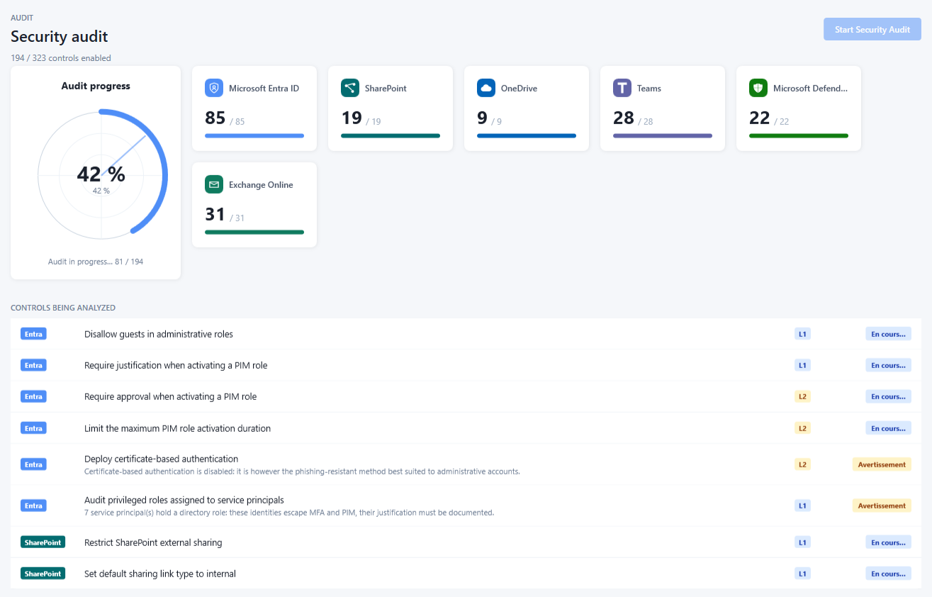 Audit in progress: overall percentage, per-service counters and controls being analysed with their status