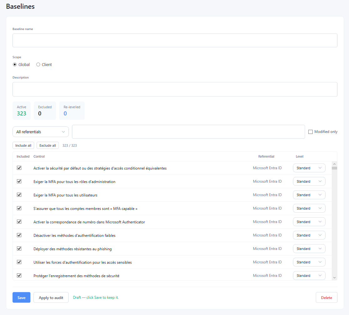 Baseline editor: control list with include checkboxes, referential column and per-control level override