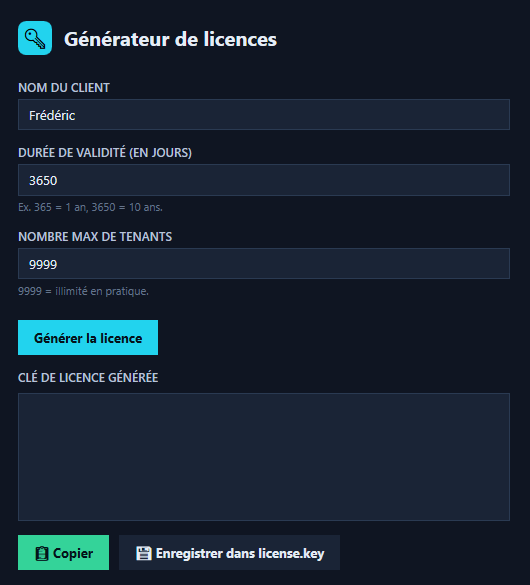 Licence generator: client name, validity in days, maximum domains, generate, copy or save to license.key