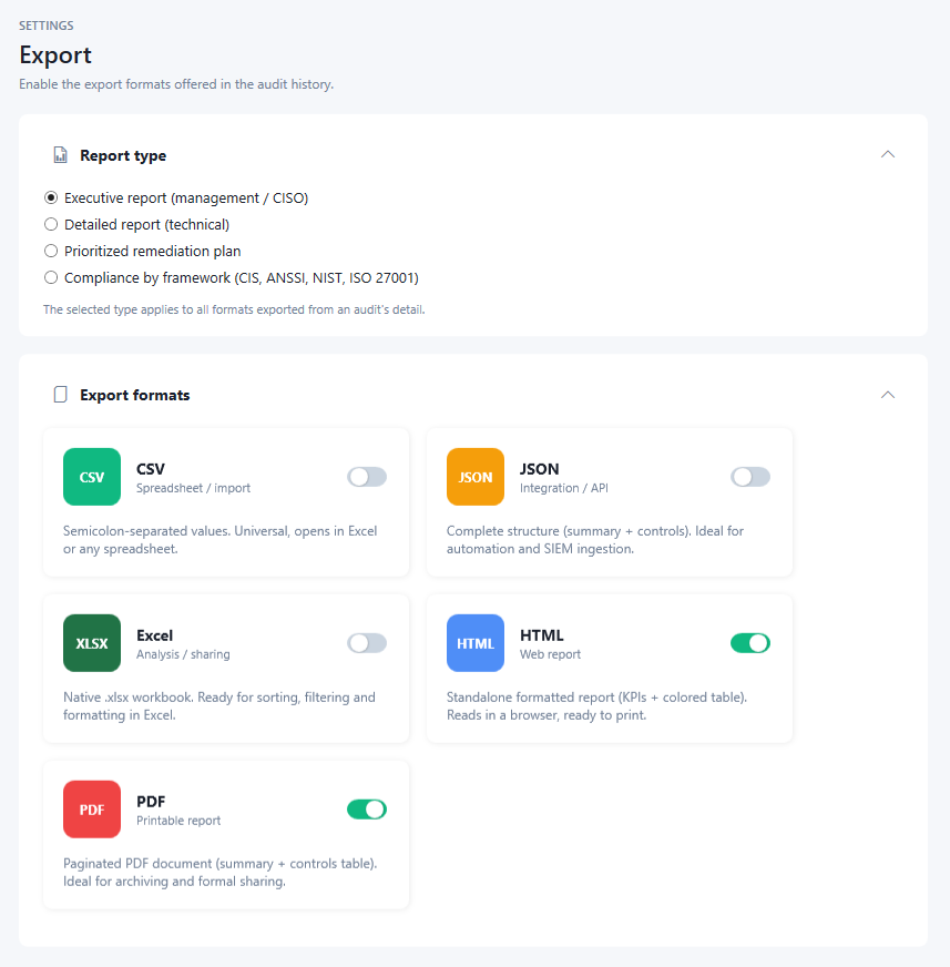 Réglages d'export : sélecteur de type de rapport et interrupteurs pour les formats CSV, JSON, Excel, HTML et PDF